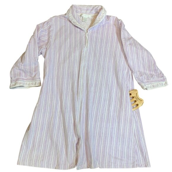 Eileen West Full Zip Cotton Robe Sz L Striped w/ Floral Ribbon Trim #331E - Picture 1 of 13